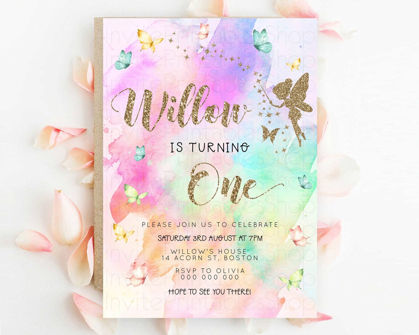 Pastel Fairy Birthday Invitation Pastel Butterflies Fairy Birthday Invitation Rainbow Ombre Watercolor 1st 2nd Birthday Invitation D23337