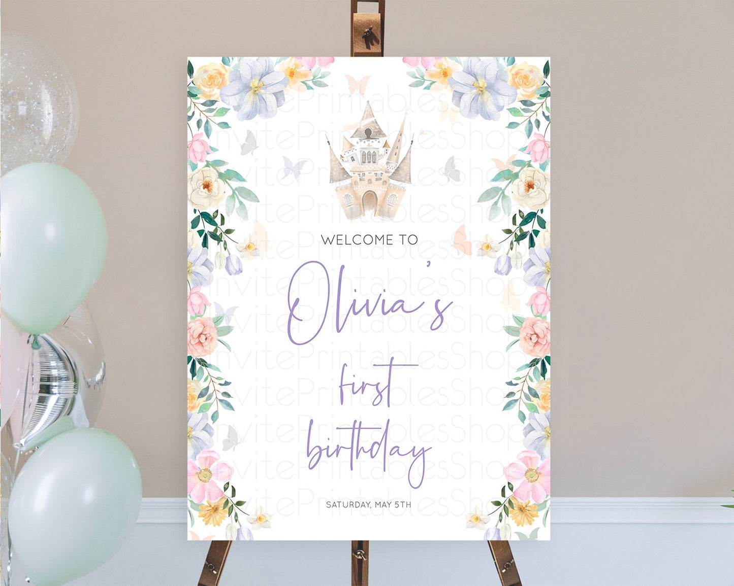 Princess Birthday Welcome Sign Castle Welcome Board Secret Garden Enchanted Castle Pastel Floral Garden First Birthday Welcome Sign D10473