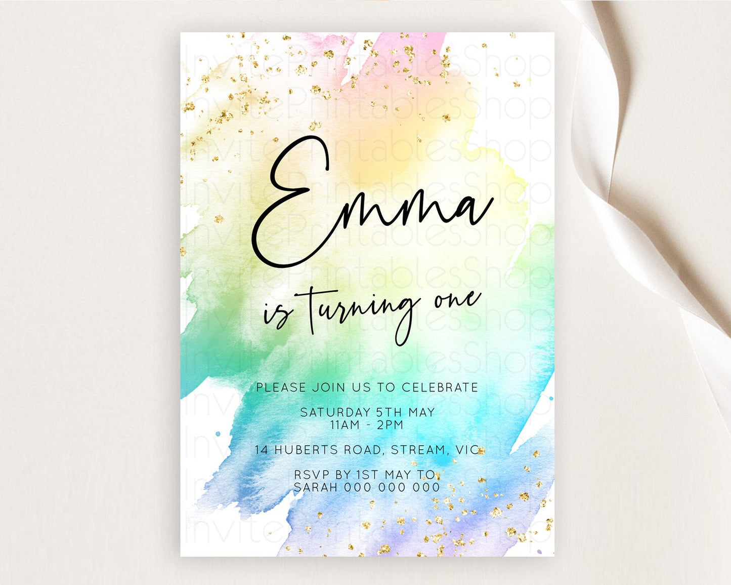 Rainbow Birthday Invitation Colorful Pastel Watercolor Invitation Gold Glitter Sprinkles Ombre Pastel 1st 2nd 3rd Birthday D10256