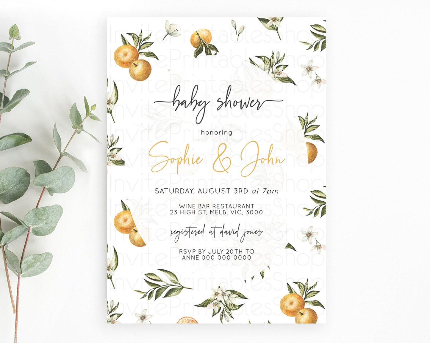 Citrus Baby Shower Invitation Orange Lemon Invitation Citrus Floral Garden Theme Citrus Floral Watercolor Invitation D10545