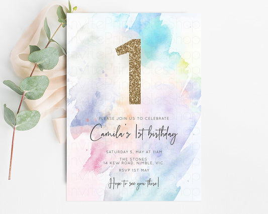 Rainbow Birthday Invitation Pastel Birthday Invite Ombre Watercolor Invite Enchanted Theme Colorful Splash Glitter Sprinkles 1st 2nd 3rd