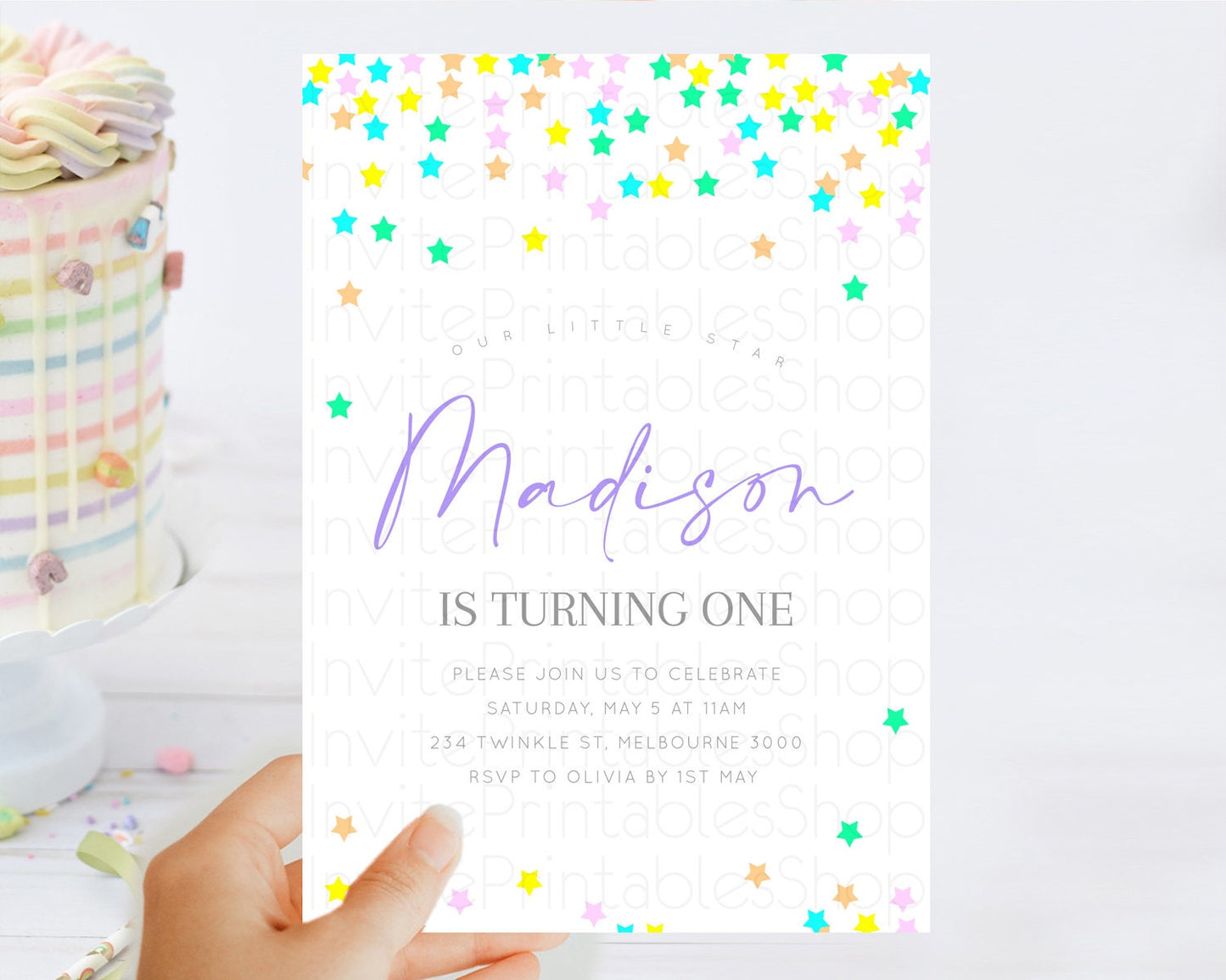 Star Birthday Invitation Pastel Stars Invite Shooting Star Party Rainbow Colorful Confetti Twinkle Little Star 2nd First Birthday D10395