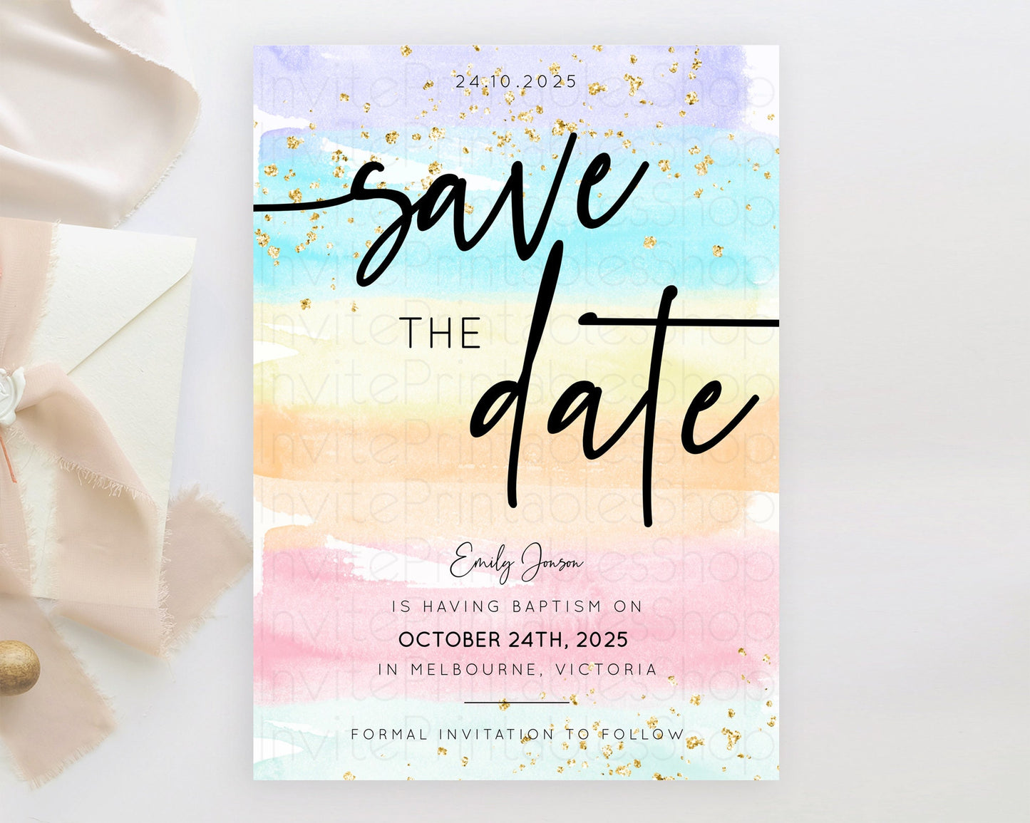 Pastel Save The Date Template Pastel Ombre Rainbow Watercolor Colorful Party For Birthday Baptism Baby Shower Wedding Bridal Shower D10505