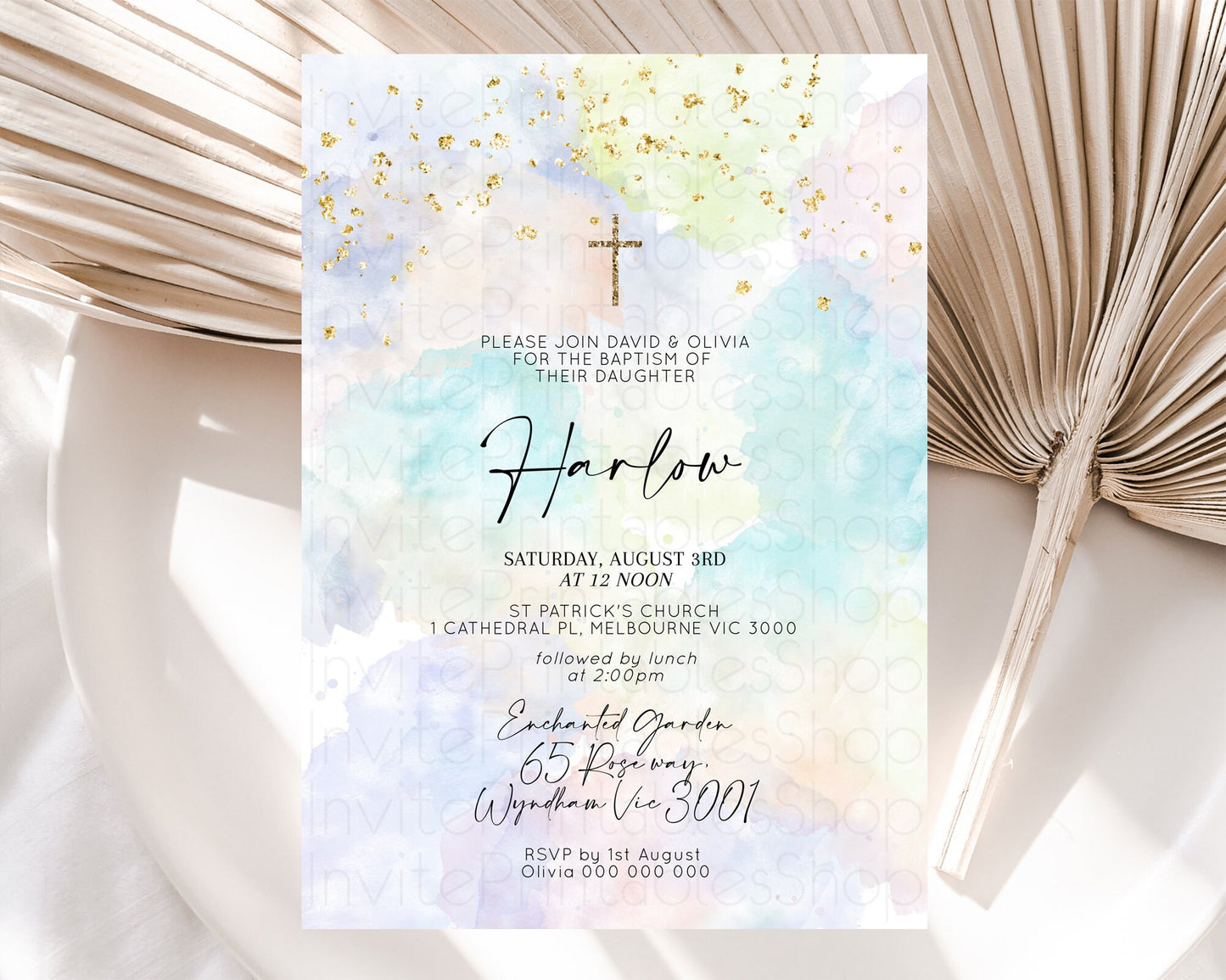 Pastel Baptism Invitation Pastel Colors Watercolor Baptism 1st Birthday Party Gold Ombre Pastel Rainbow Christening Holy Communion D10613