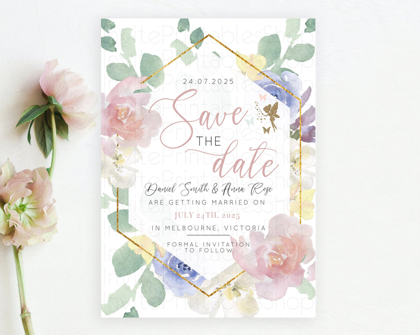 Fairy Save The Date Template Enchanted Garden Pastel Floral Butterfly Party Secret Garden Birthday Baptism Baby Shower Bridal Shower D10294