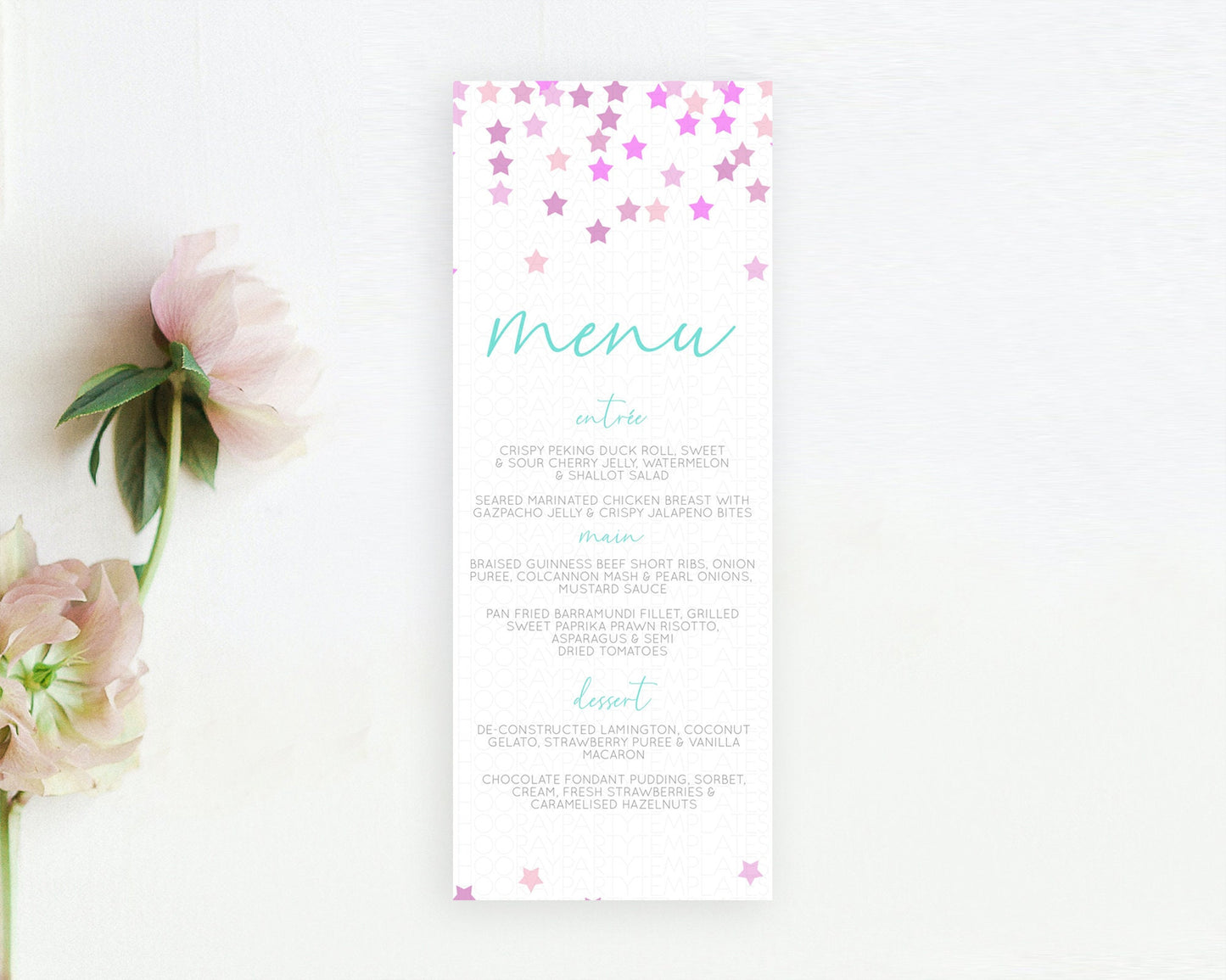 Star Menu Template Pastel Stars Menu Shooting Star Twinkle Little Star Decor Rainbow Colorful Confetti Dinner Dessert Food Menu D10403