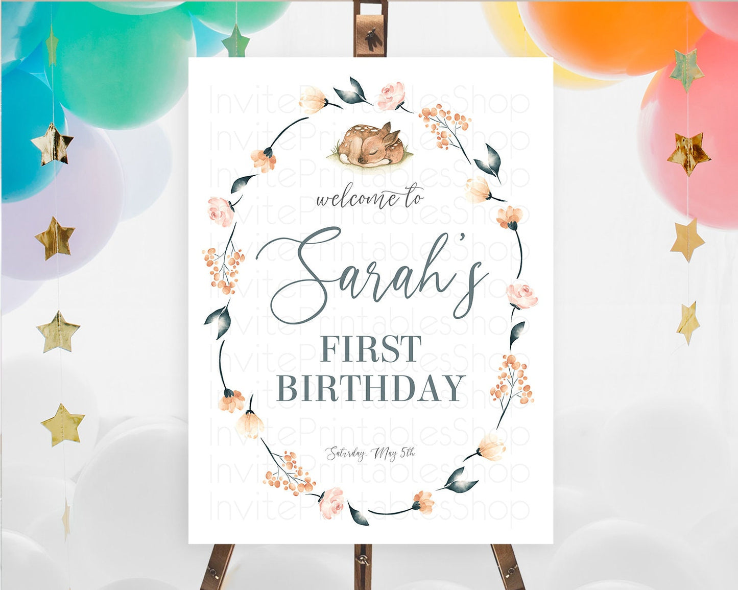 Editable Fawn Welcome Sign Deer Welcome Board Floral Deer Welcome Poster Enc