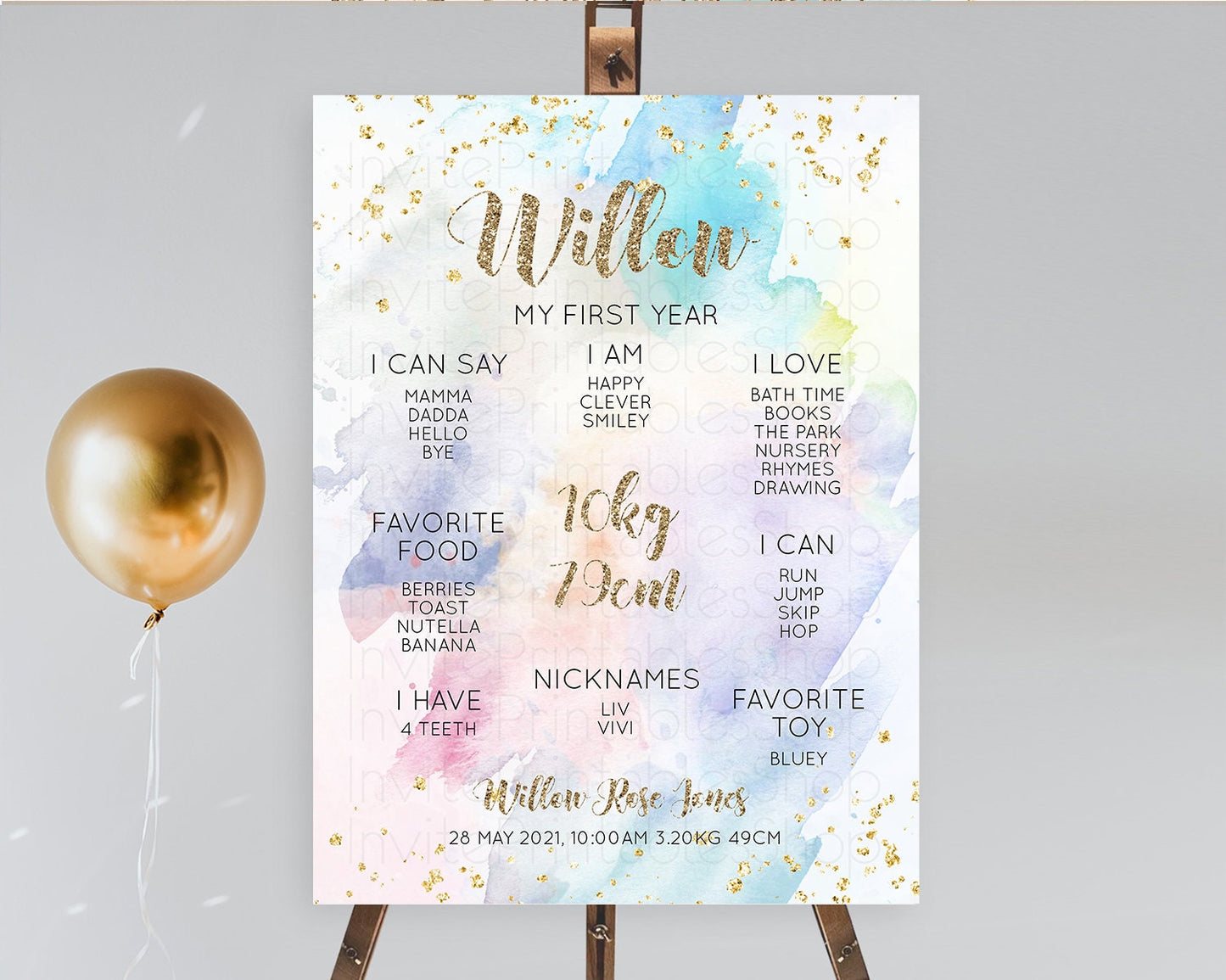 Pastel First Birthday Milestone Board Pastel Rainbow Milestone Poster Colorful Confetti Watercolor Glitter 1st Birthday Welcome Sign D10421