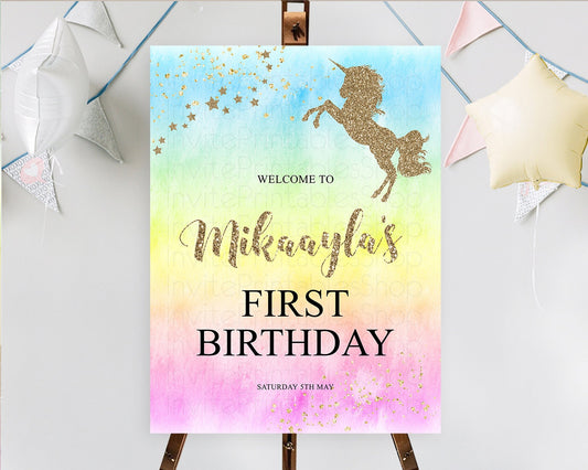 Editable Unicorn Rainbow Birthday Welcome Board Pastel Unicorn Welcome Sign