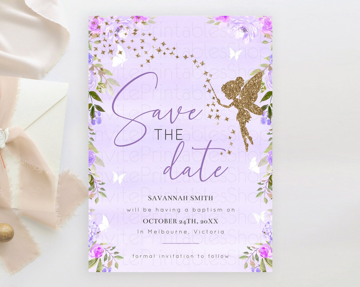 Fairy Save The Date Template Enchanted Garden Pastel Floral Butterfly Party Secret Garden Birthday Baptism Baby Shower Bridal Shower D10910