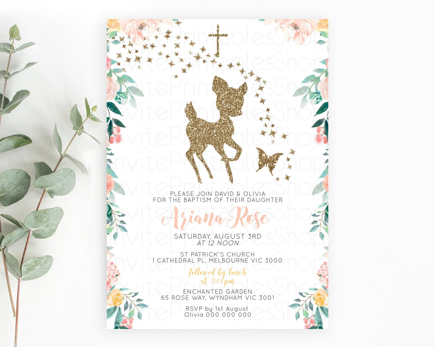 Fawn Baptism Invitation Deer Baptism 1st Birthday Invitation Enchanted Forest Christening Invitation Pastel Garden Butterfly Floral D10874