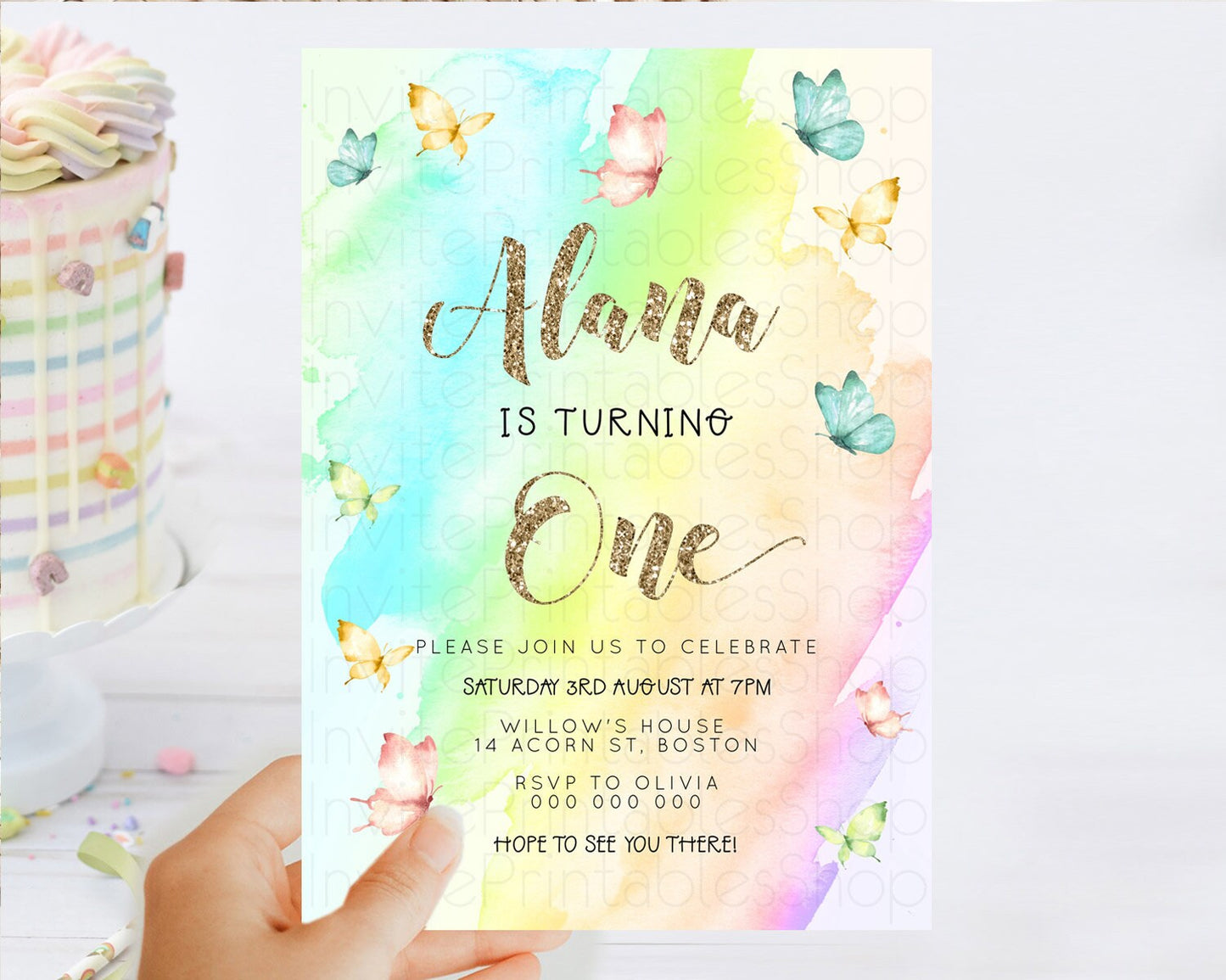 Pastel Butterfly Birthday Invitation Butterfly Birthday Invitation Colorful Splash Glitter Butterfly Garden 1st 2nd Birthday D23235