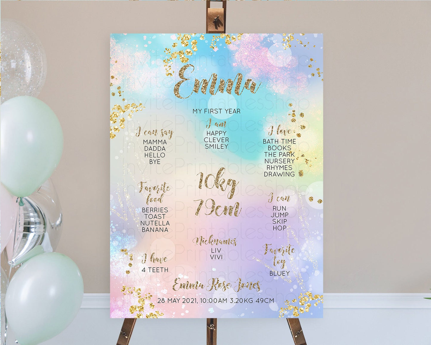 Pastel First Birthday Milestone Board Pastel Rainbow Milestone Poster Colorful Confetti Watercolor Glitter 1st Birthday Welcome Sign D10677