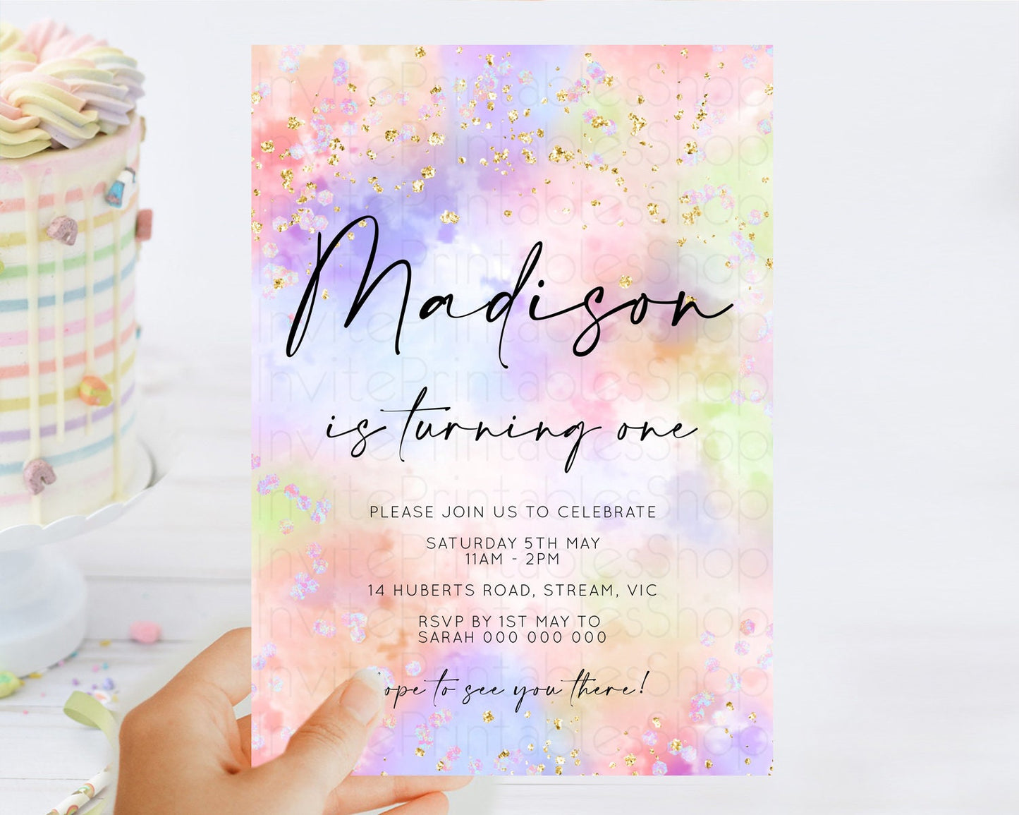 Rainbow Birthday Invitation Colorful Pastel Watercolor Invitation Gold Glitter Sprinkles Ombre Pastel 1st 2nd 3rd Birthday D10610