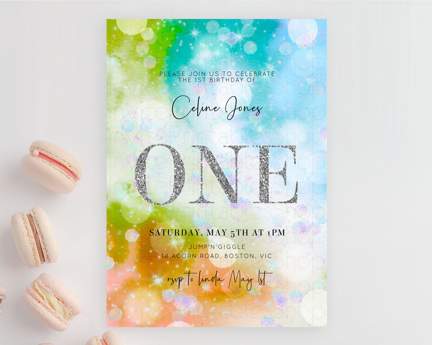 Rainbow Birthday Invitation Colorful Pastel Watercolor Silver Glitter Sprinkles Ombre Pastel Invitation 1st 2nd 3rd First Birthday D10692