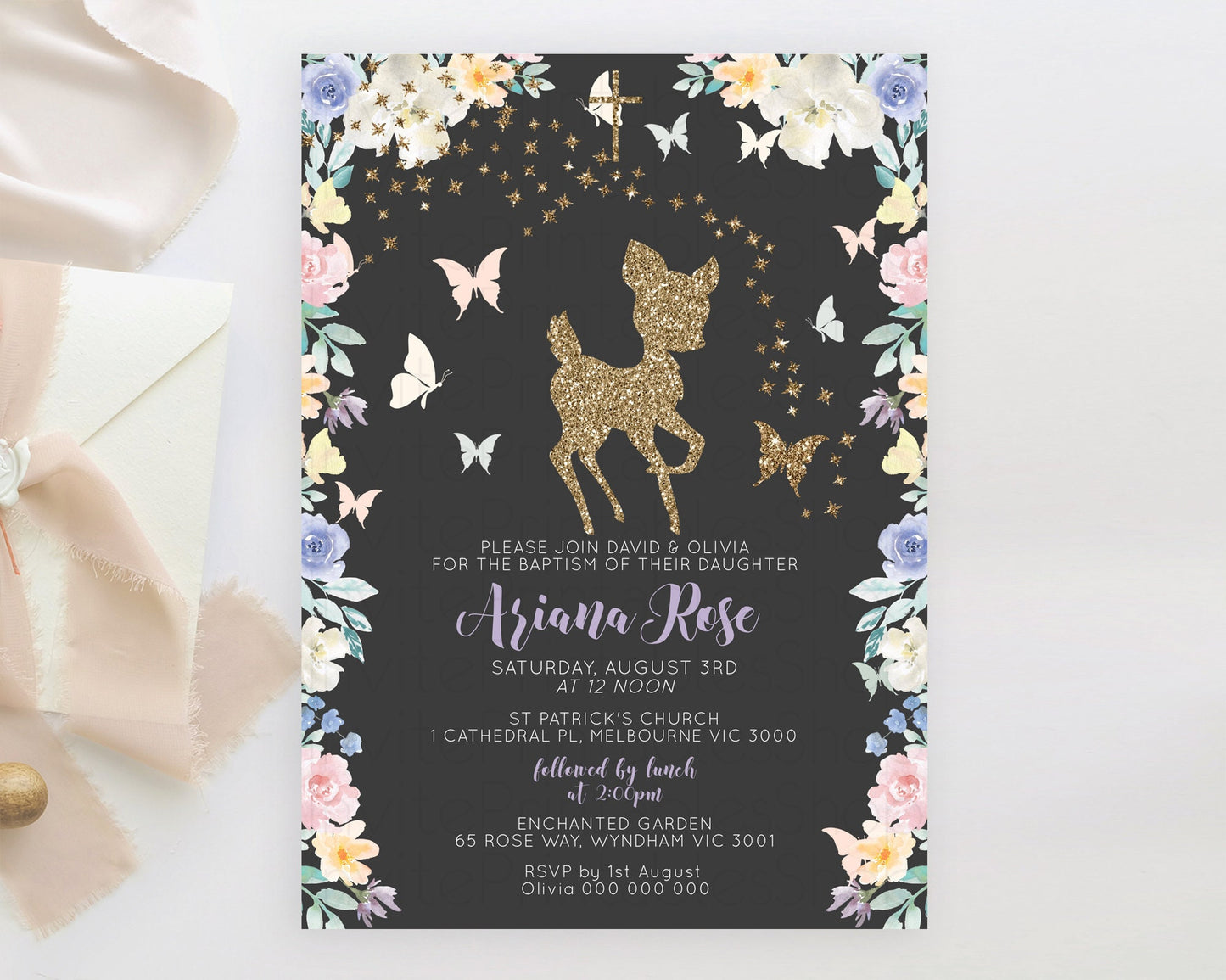 Fawn Baptism Invitation Deer Baptism 1st Birthday Invitation Enchanted Forest Christening Invitation Pastel Garden Butterfly Floral D10880