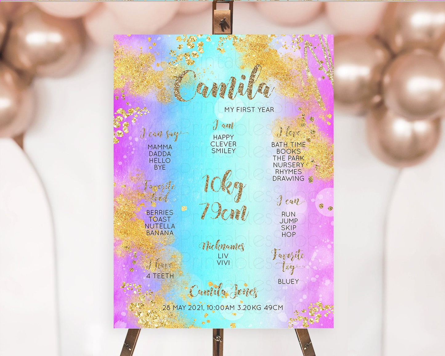Pastel First Birthday Milestone Board Pastel Rainbow Milestone Poster Colorful Confetti Watercolor Glitter 1st Birthday Welcome Sign D10564