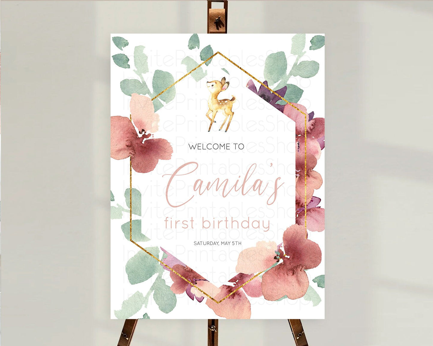 Fawn Welcome Sign Deer Welcome Board Floral Deer Welcome Poster Enchanted Forest Butterfly Pastel Floral First Birthday Welcome Sign D10915