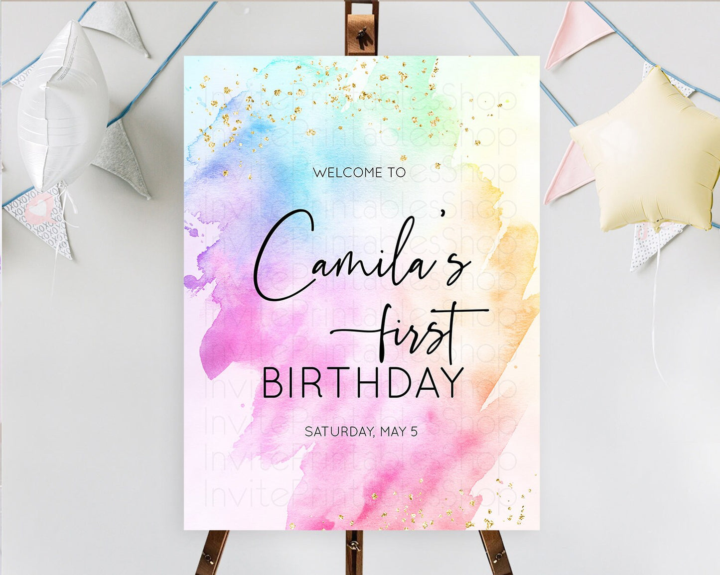 Pastel Welcome Sign Pastel Rainbow Welcome Sign Colorful Rainbow Confetti Watercolor Glitter Pastel First Birthday Welcome Sign D10449