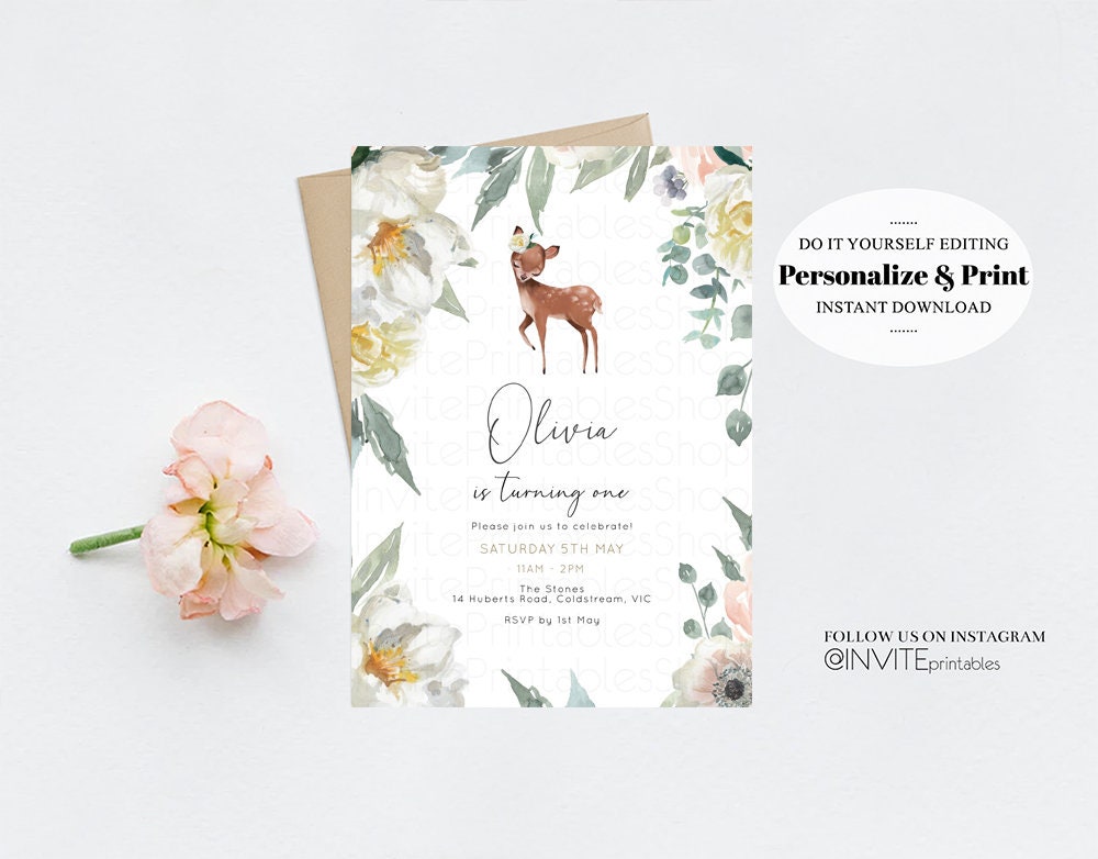 Deer Birthday Invite Baby Deer Invite Deer Invite Forest Friends Invite Pastel Floral Invite Glitter Invite White Floral Garden Invite 112