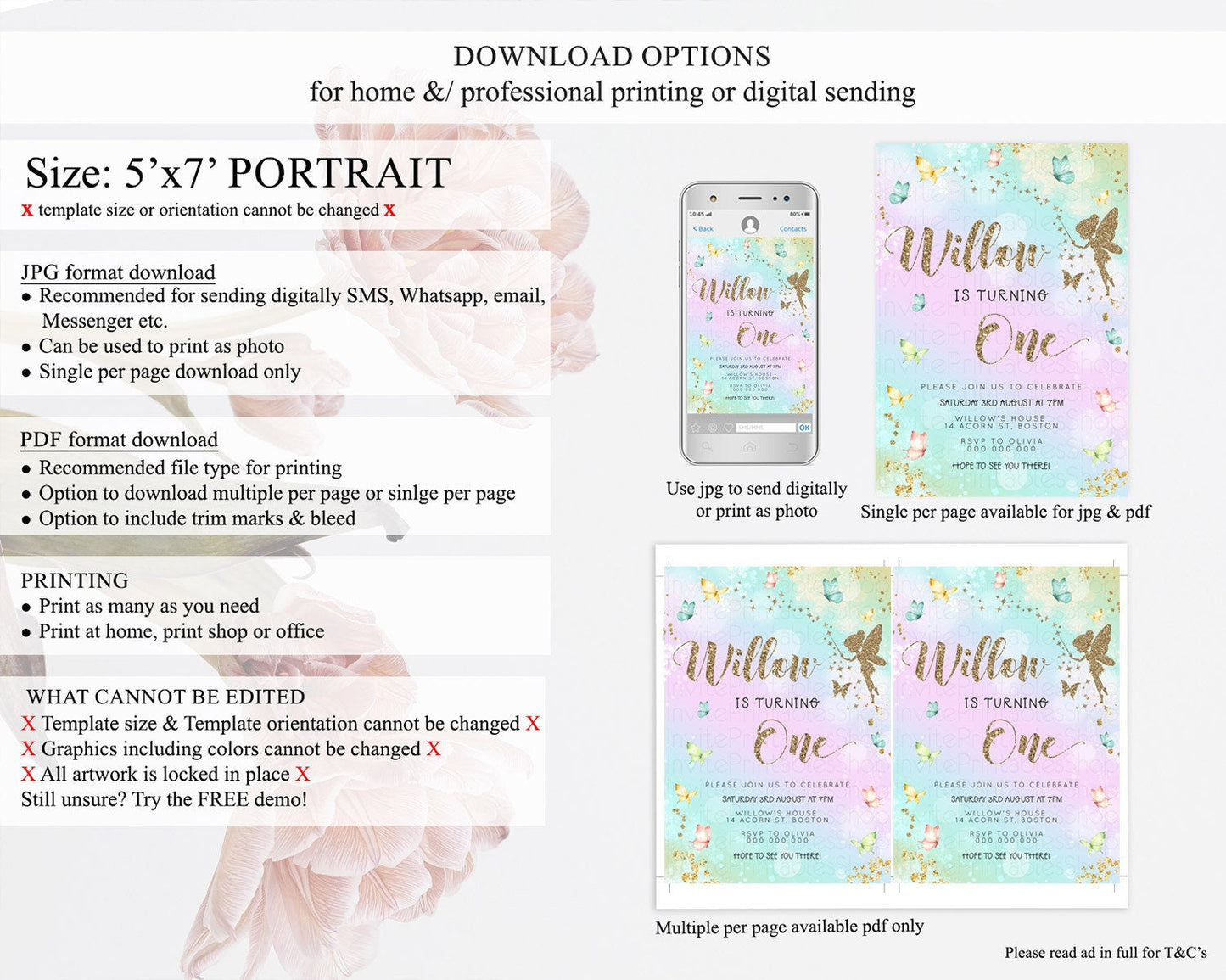 Pastel Fairy Birthday Invitation Pastel Butterflies Fairy Birthday Invitation Rainbow Ombre Watercolor 1st 2nd Birthday Invitation D23162