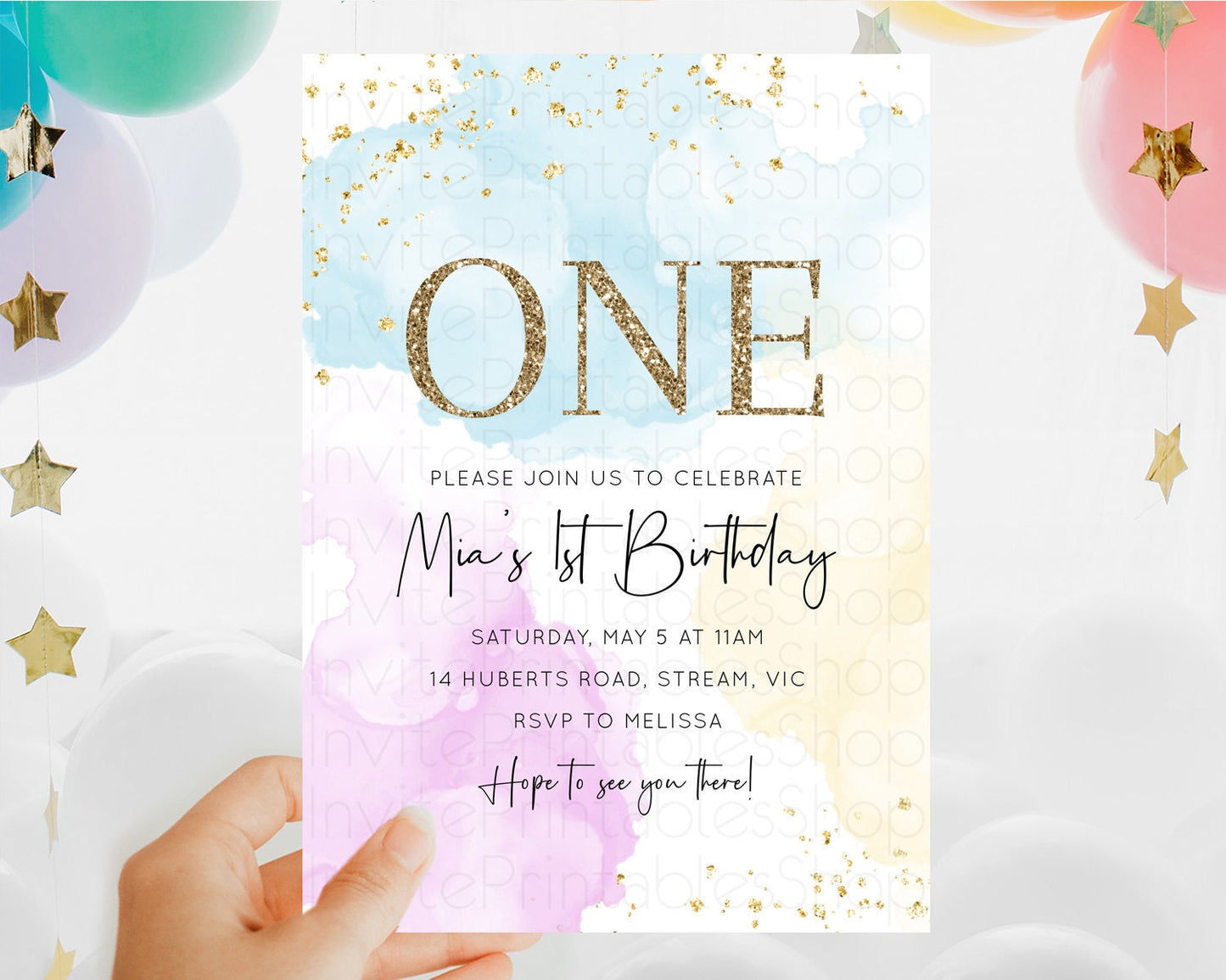 Rainbow Birthday Invitation Colorful Pastel Watercolor Invitation Gold Glitter Sprinkles Ombre Pastel 1st 2nd 3rd Birthday D10155