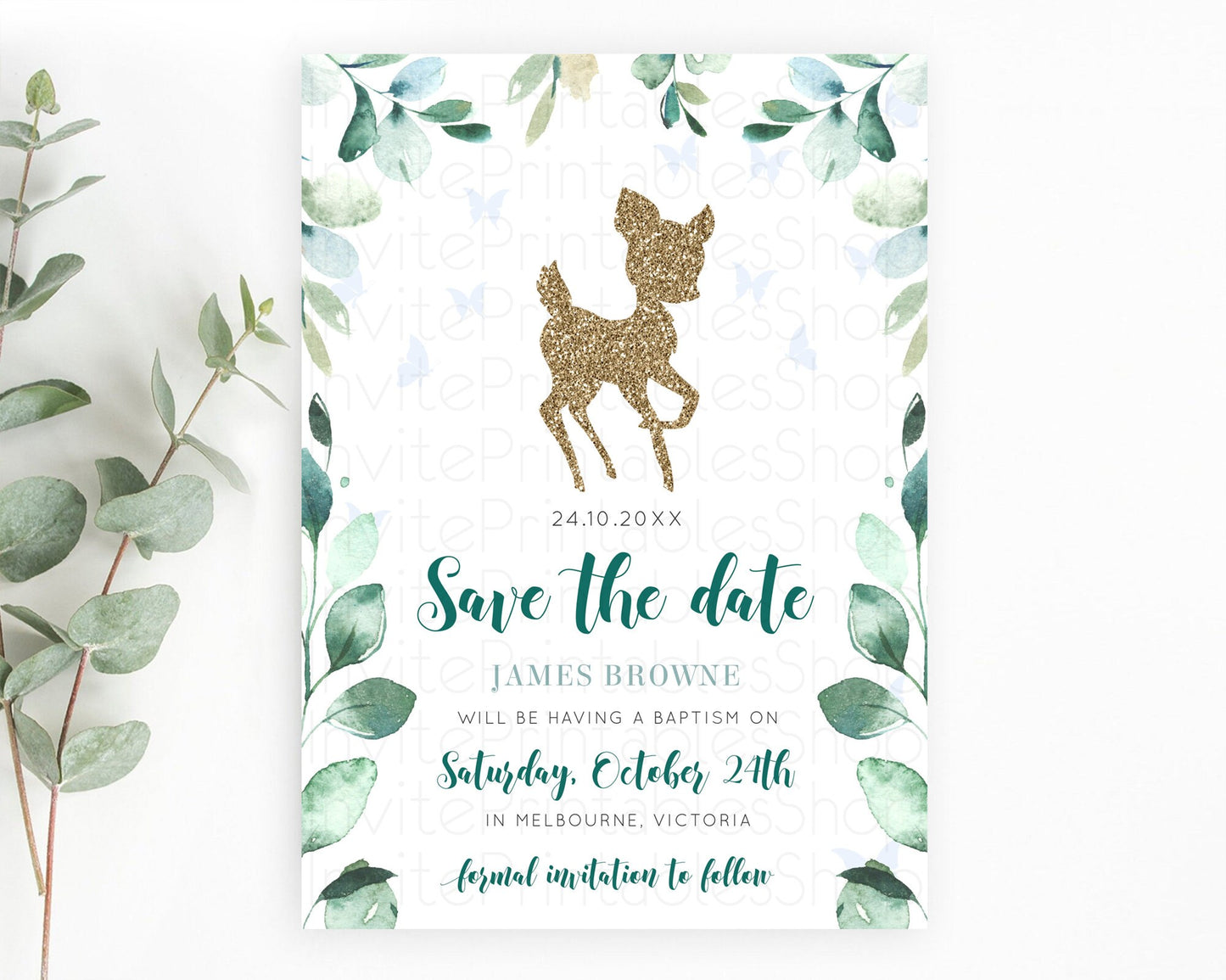 Fawn Deer Save The Date Template Pastel Floral Deer Enchanted Forest Butterfly Party 1st Birthday Baptism Baby Shower Bridal Shower D10882