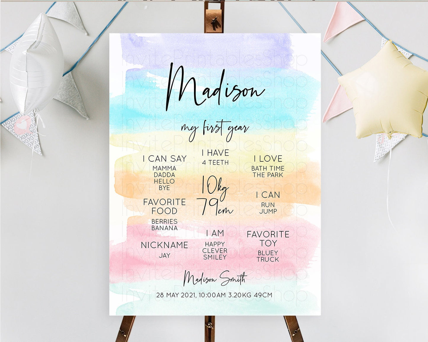 Pastel First Birthday Milestone Board Pastel Rainbow Milestone Poster Colorful Confetti Watercolor Glitter 1st Birthday Welcome Sign D10505