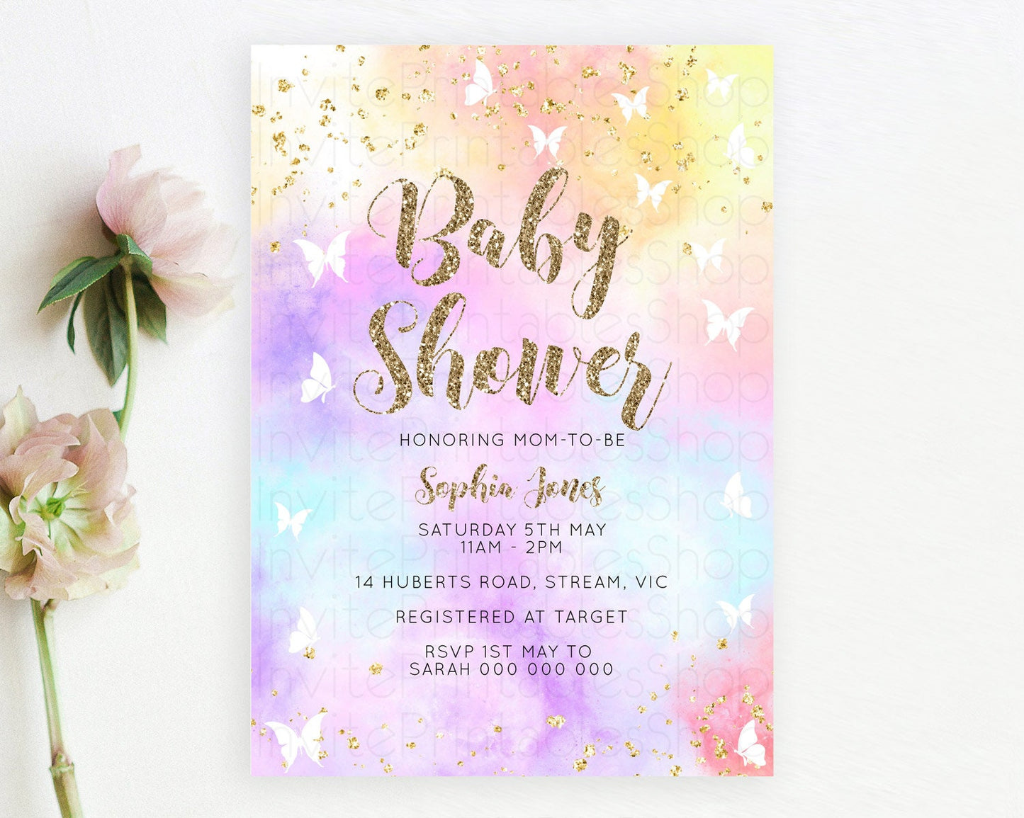 Pastel Baby Shower Invitation Rainbow Baby Shower Invitation Colorful Pastel Watercolor Invitation Gold Glitter Sprinkles Ombre D10435