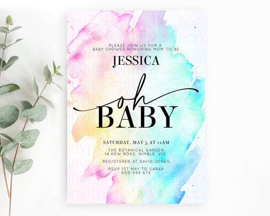 Pastel Baby Shower Invitation Rainbow Baby Shower Invitation Colorful Pastel Watercolor Invitation Gold Glitter Sprinkles Ombre D11020