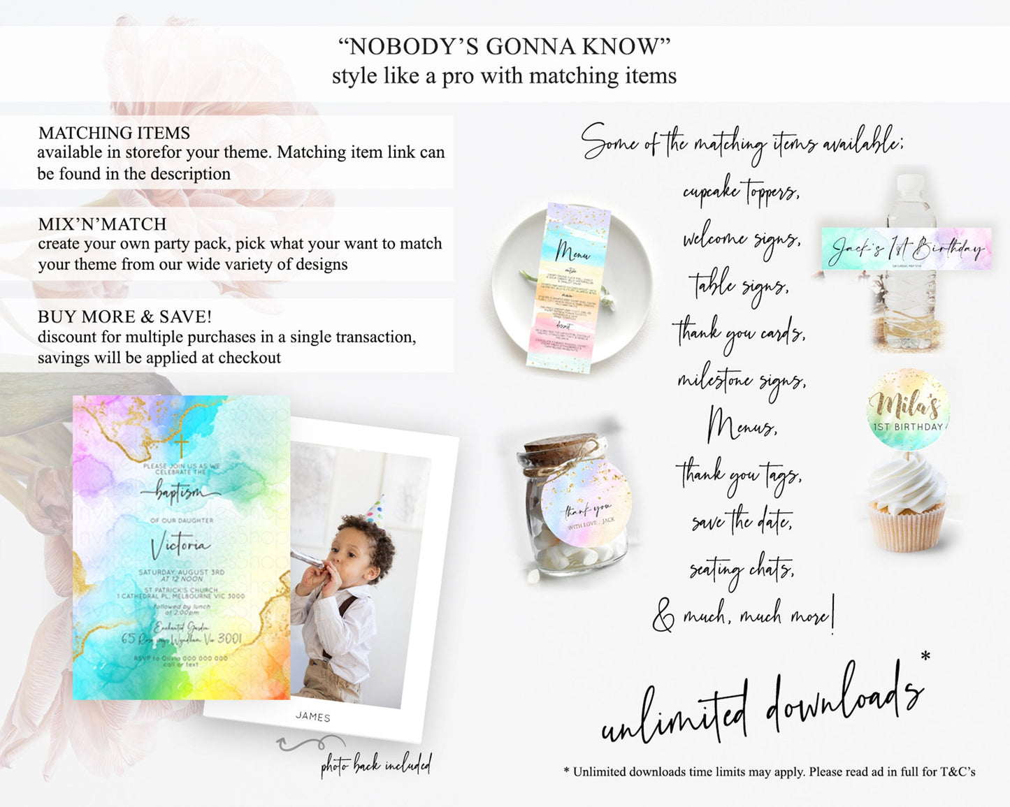 Pastel Baptism Invitation Pastel Colors Watercolor Baptism 1st Birthday Party Gold Ombre Pastel Rainbow Christening Holy Communion D10390