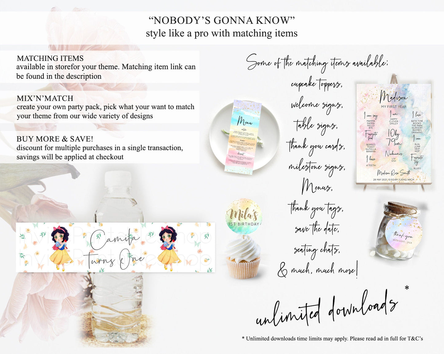 Princess Water Label Template Secret Garden Enchanted Castle Pastel Floral Royal Party Decor For 1st Birthday Baptism Baby Shower D10356