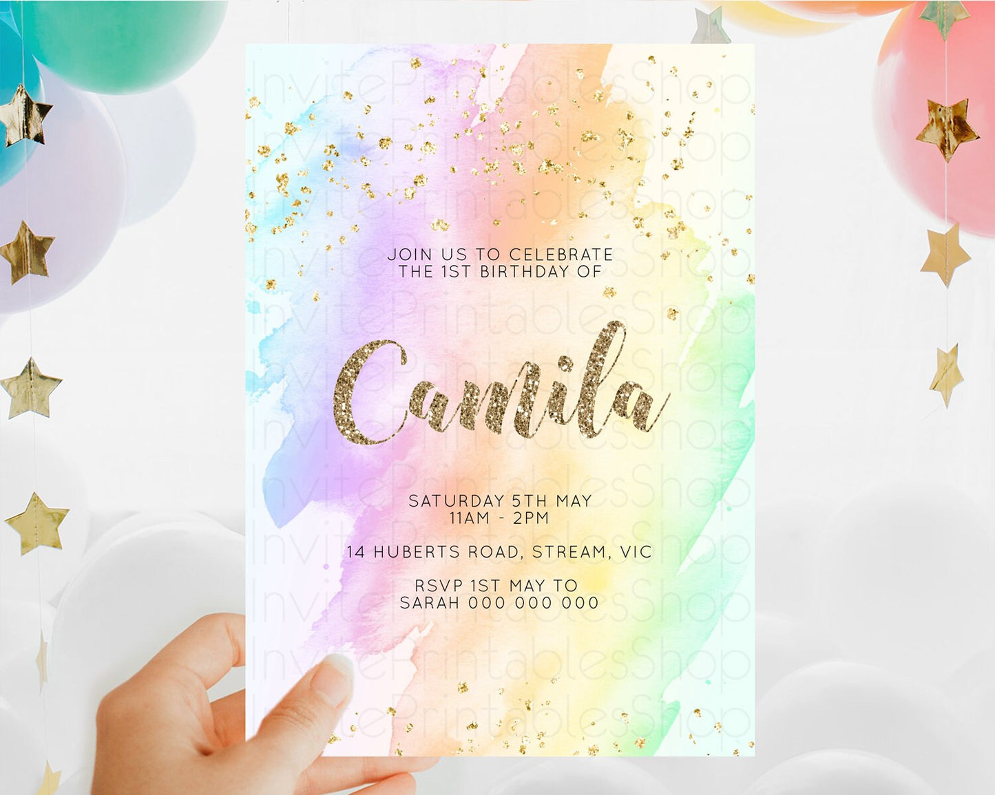 Rainbow Birthday Invitation Colorful Pastel Watercolor Invitation Gold Glitter Sprinkles Ombre Pastel 1st 2nd 3rd Birthday D10643