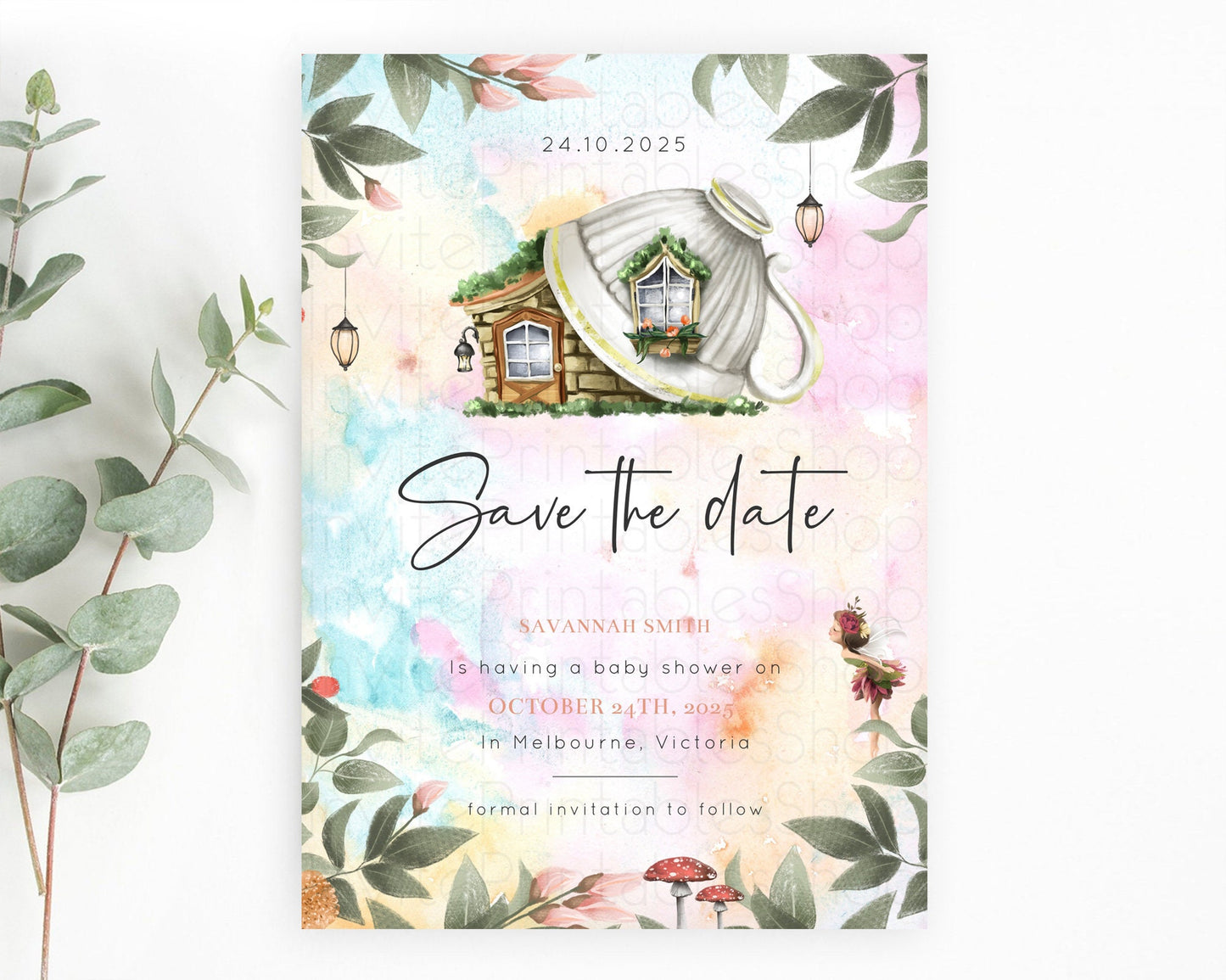 Fairy Save The Date Template Enchanted Garden Pastel Floral Butterfly Party Secret Garden Birthday Baptism Baby Shower Bridal Shower D10555