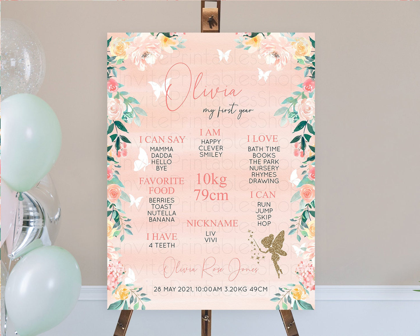 Fairy First Birthday Milestone Poster Fairy Secret Garden Milestone Board Enchanted Garden Pastel Floral Butterfly 1st Birthday Sign D10792