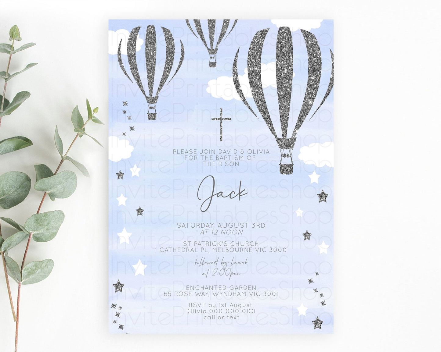 Hot Air Balloon Baptism Invitation Hot Air Balloon Baptism Birthday Invitation Adventure Awaits Up Up Away Glitter Blue Watercolor D10334