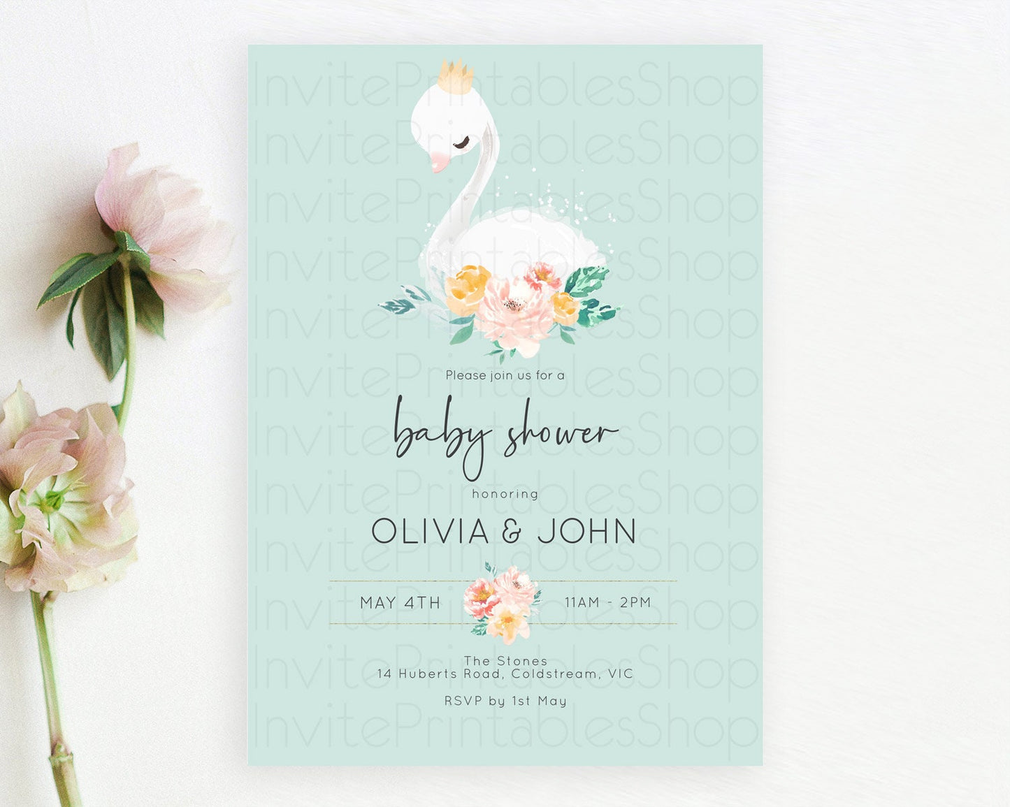 Swan Lake Baby Shower Invitation, Secret Garden, White Swan Princess Ballet, Watercolor Pink Green Floral, Butterflies, Soft Green D10905