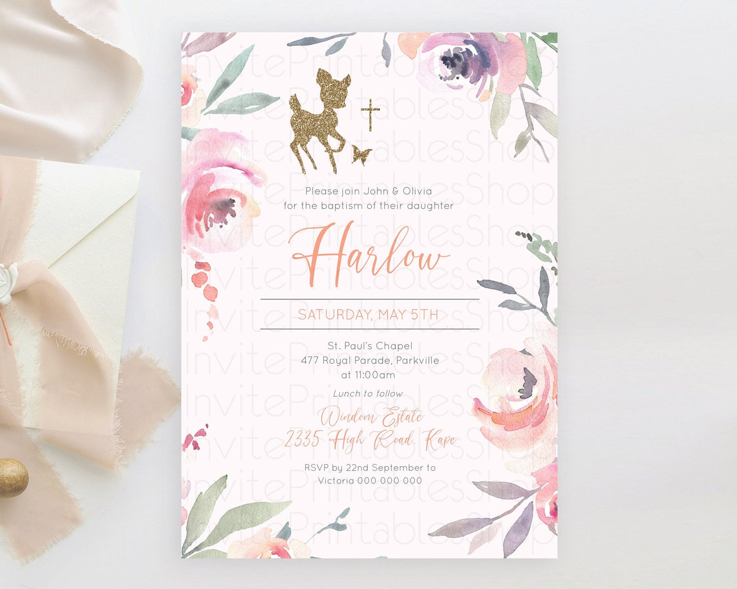 Fawn Baptism Invitation Deer Baptism 1st Birthday Invitation Enchanted Forest Christening Invitation Pastel Garden Butterfly Floral D10196