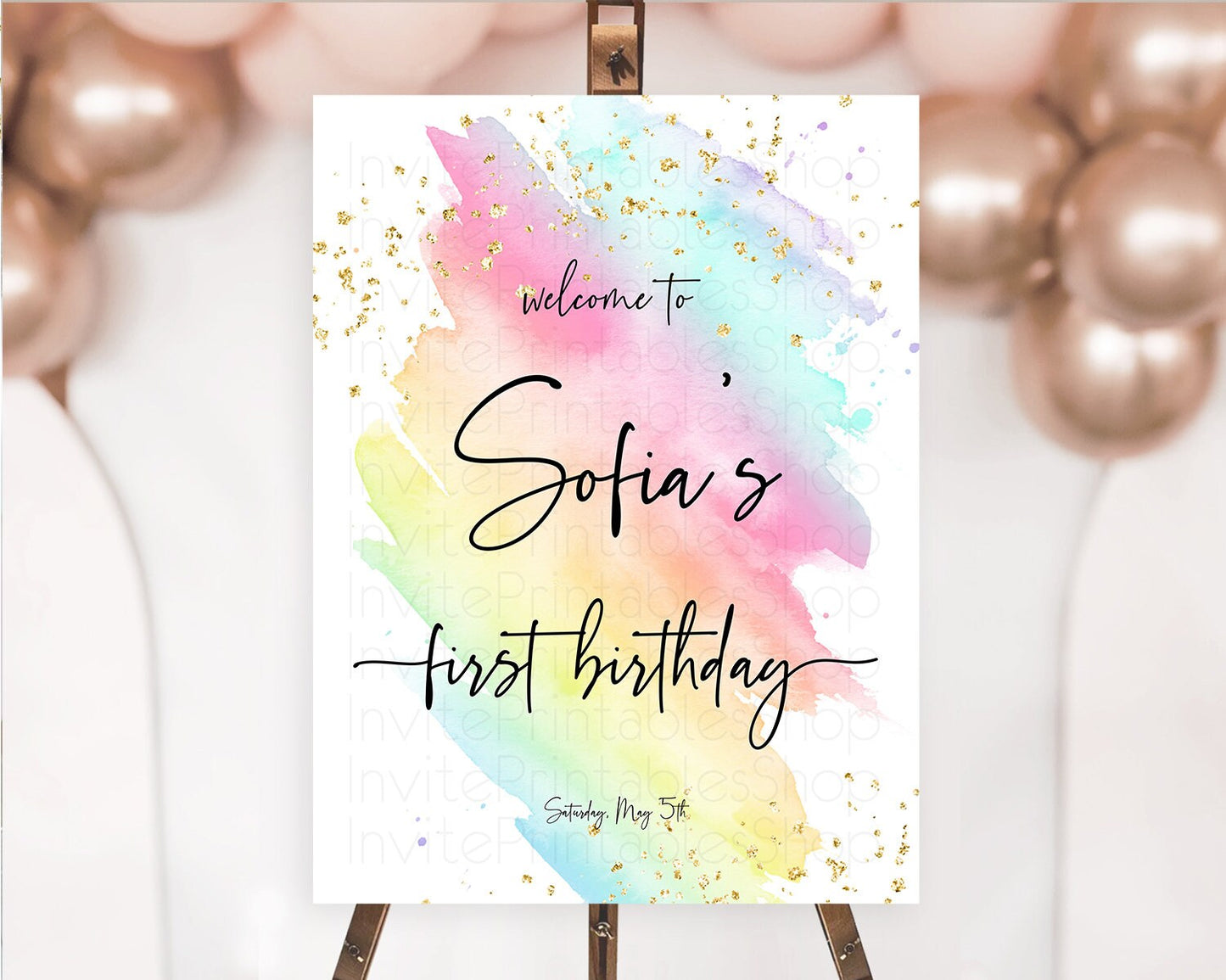 Pastel Welcome Sign Pastel Rainbow Welcome Sign Colorful Rainbow Confetti Watercolor Glitter Pastel First Birthday Welcome Sign D10495