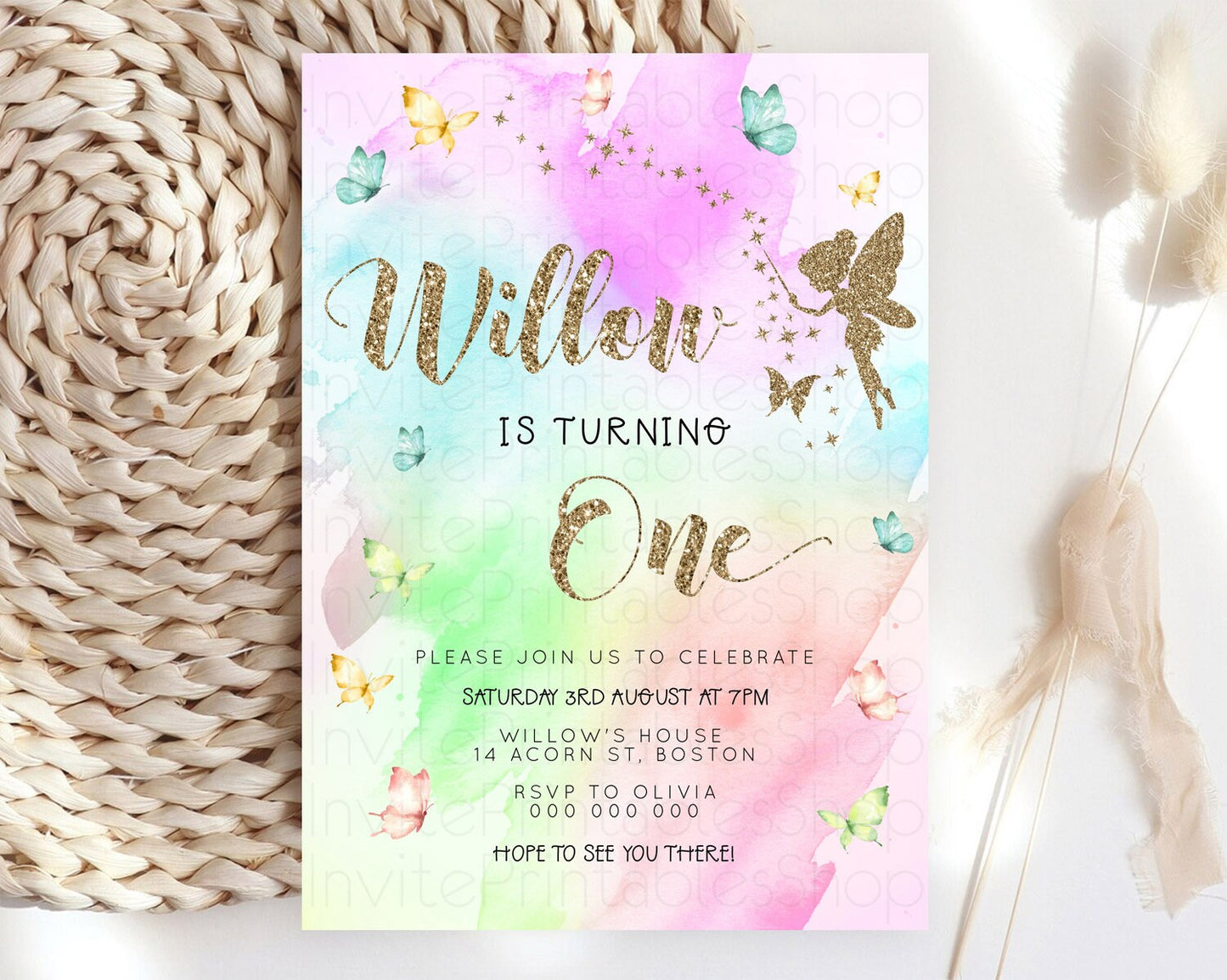 Pastel Fairy Birthday Invitation Pastel Butterflies Fairy Birthday Invitation Rainbow Ombre Watercolor 1st 2nd Birthday Invitation D23350