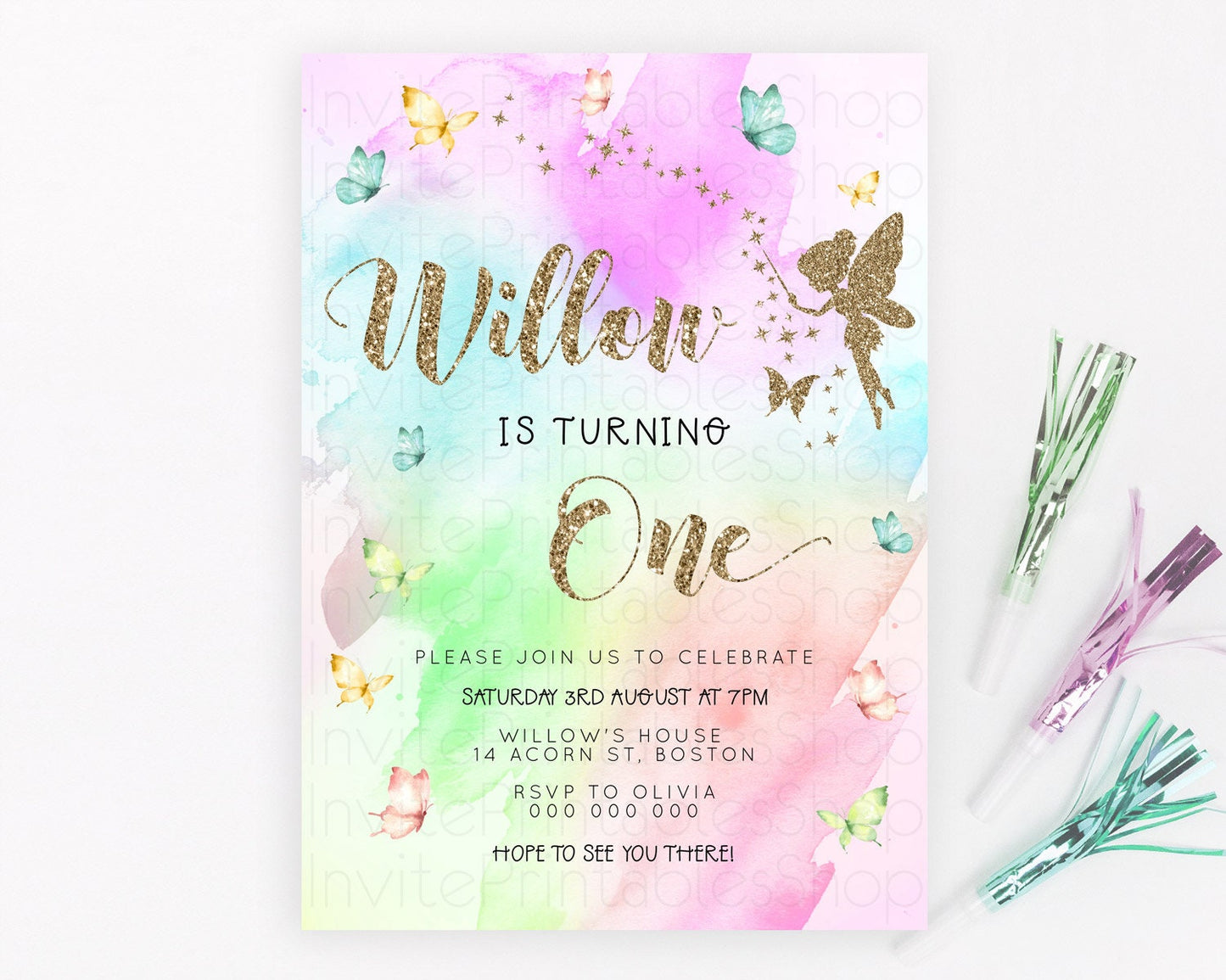 Pastel Fairy Birthday Invitation Pastel Butterflies Fairy Birthday Invitation Rainbow Ombre Watercolor 1st 2nd Birthday Invitation D23350