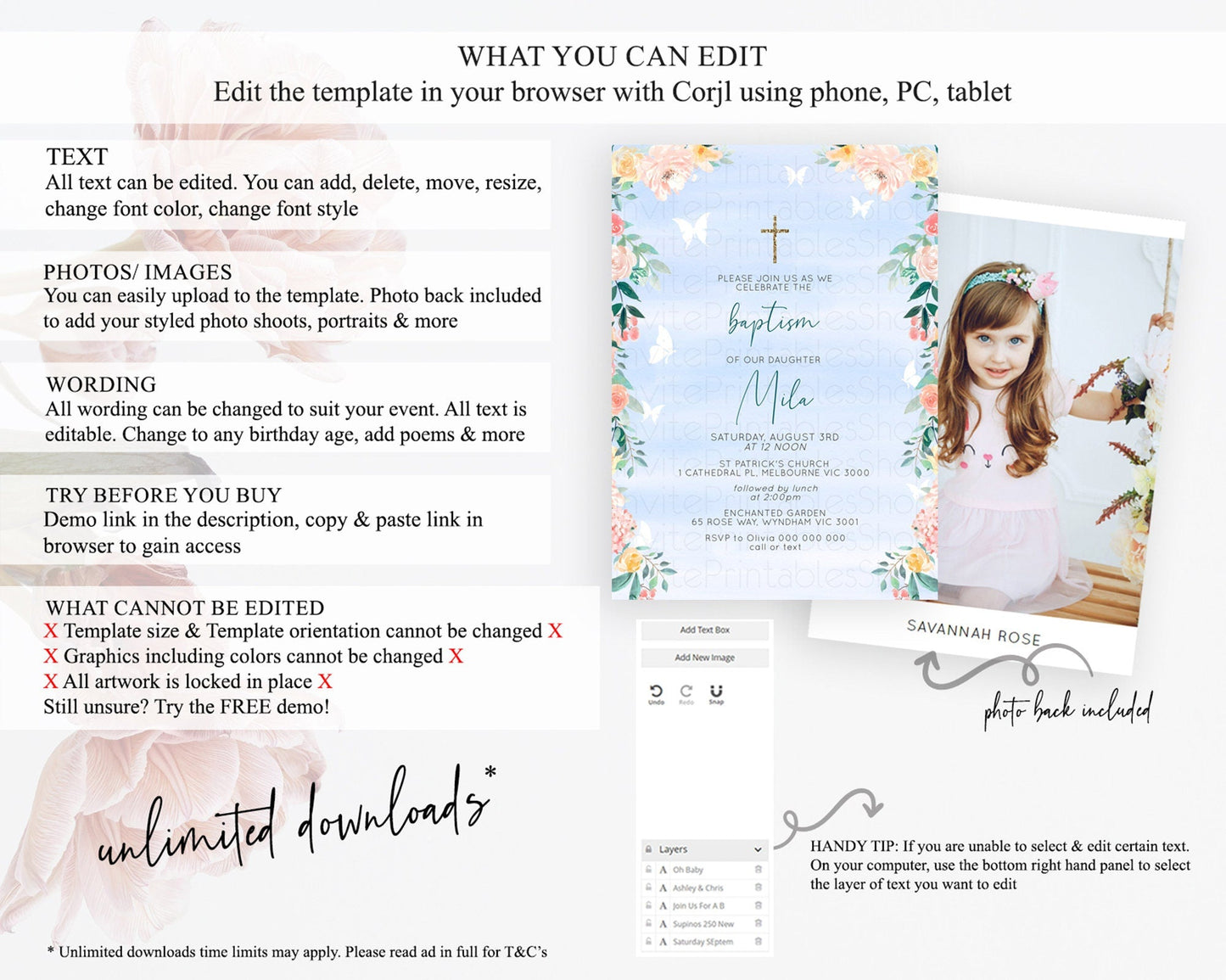 Secret Garden Baptism Invitation Wildflower Baptism Birthday Invite Pastel Flowers Christening Invite Enchanted Garden Boho Floral D10337