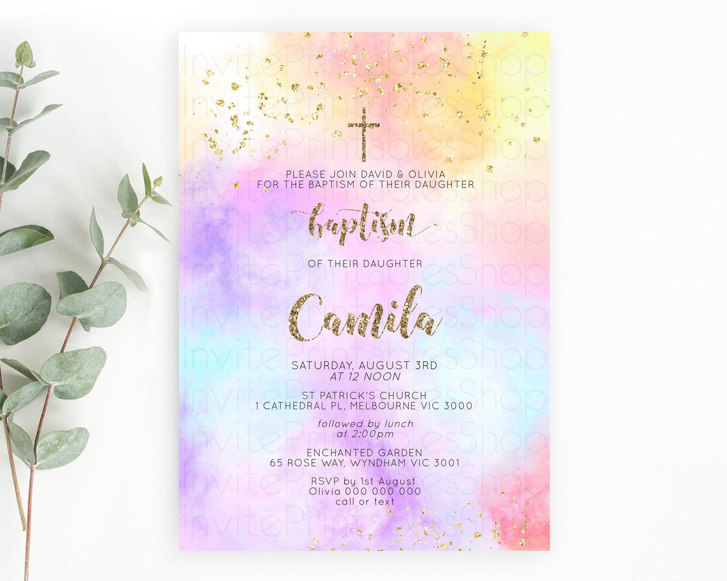 Pastel Baptism Invitation Pastel Colors Watercolor Baptism 1st Birthday Party Gold Ombre Pastel Rainbow Christening Holy Communion D10435