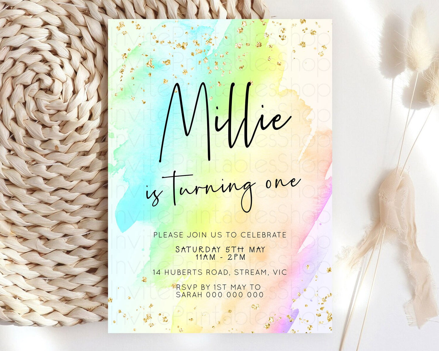 Pastel Birthday Invitation Ombre Watercolor Birthday Invitation Glitter Rainbow Color Splash 1st 2nd 3rd Birthday Invitation D23051