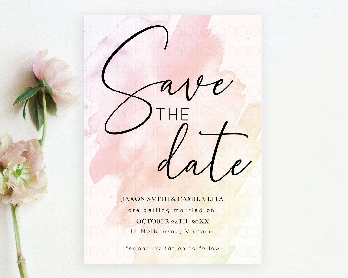 Pink Watercolor Save The Date Template Ombre Pink Watercolor Splash Party 1st Birthday Baby Shower Wedding Baptism Bridal Shower D10164