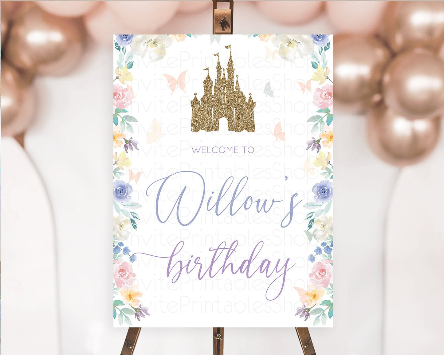 Princess Birthday Welcome Sign Castle Welcome Board Secret Garden Enchanted Castle Pastel Floral Garden First Birthday Welcome Sign D10931