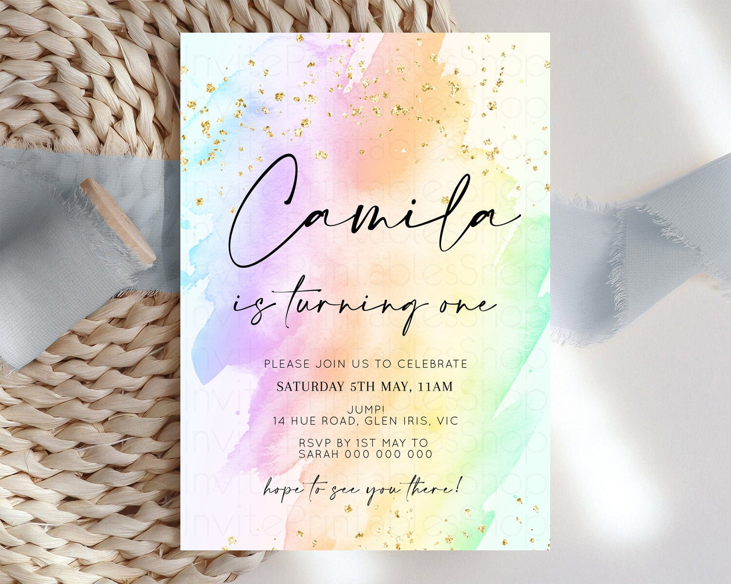 Rainbow Birthday Invitation Glitter Pastel Invitation Colorful Watercolor Gold Foil Splatter Sprinkle Ombre 1st 2nd 3rd Birthday Invite t602