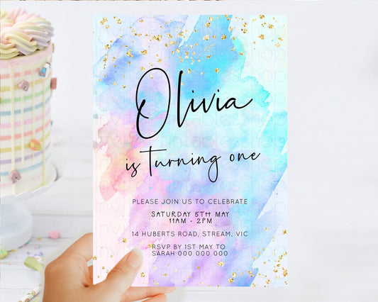 Pastel Birthday Invitation Ombre Watercolor Birthday Invitation Glitter Rainbow Color Splash 1st 2nd 3rd Birthday Invitation D23062