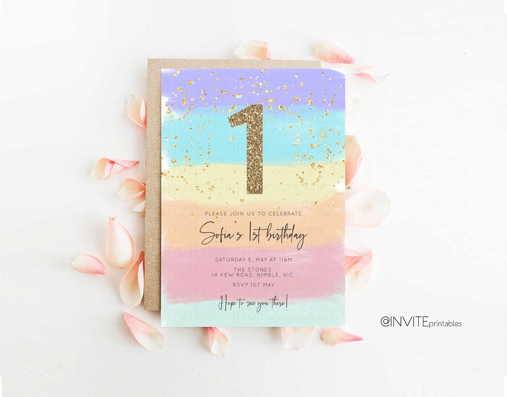 Rainbow Birthday Invitation Pastel Birthday Invitation Ombre Rainbow Invite Colorful Watercolor Invite Glitter Sprinkle Invitation