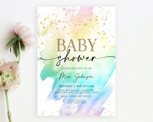 Editable Pastel Rainbow Baby Shower Invitation, Colorful Watercolor Splash,